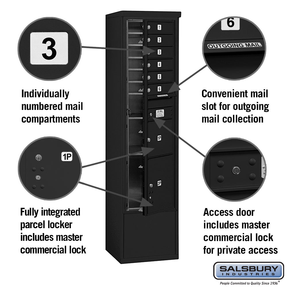 Maximum Height Free-Standing 4C Horizontal Mailbox with 6 Doors and 2 Parcel Lockers in Black with Private Access