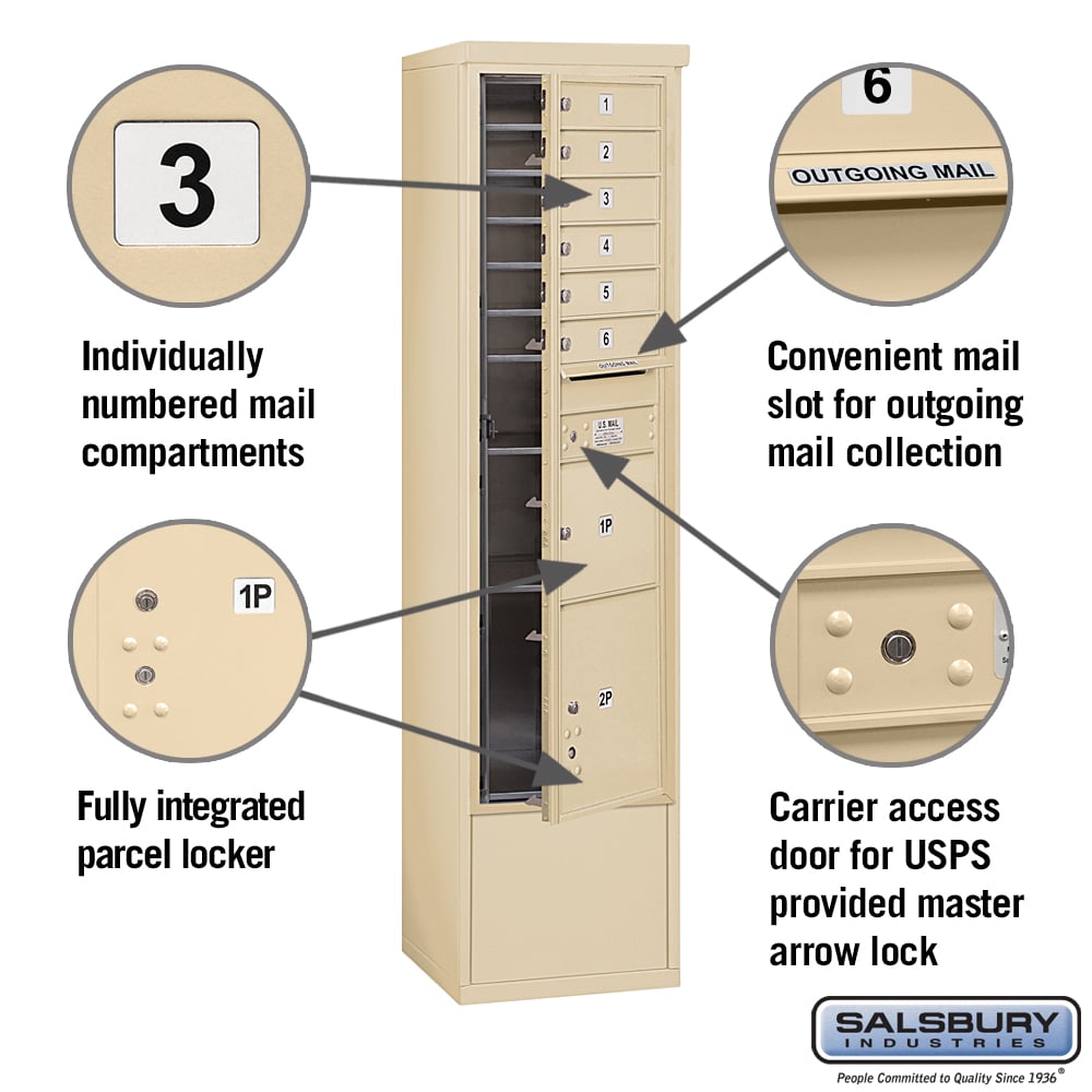 Maximum Height Free-Standing 4C Horizontal Mailbox with 6 Doors and 2 Parcel Lockers in Sandstone