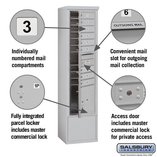 Maximum Height Free-Standing 4C Horizontal Mailbox with 9 Doors and Parcel Locker in Aluminum