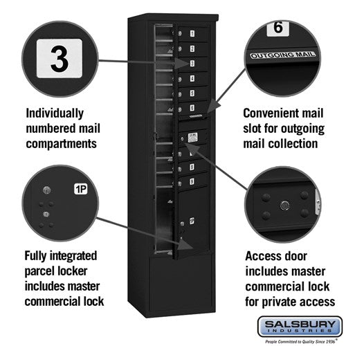 Maximum Height Free-Standing 4C Horizontal Mailbox with 9 Doors and Parcel Locker in Black