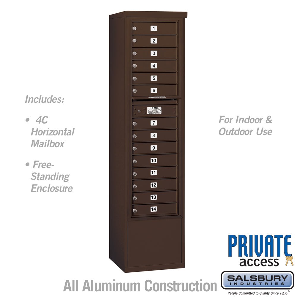 Maximum Height Free-Standing 4C Horizontal Mailbox with 14 Doors in Bronze with Private Access