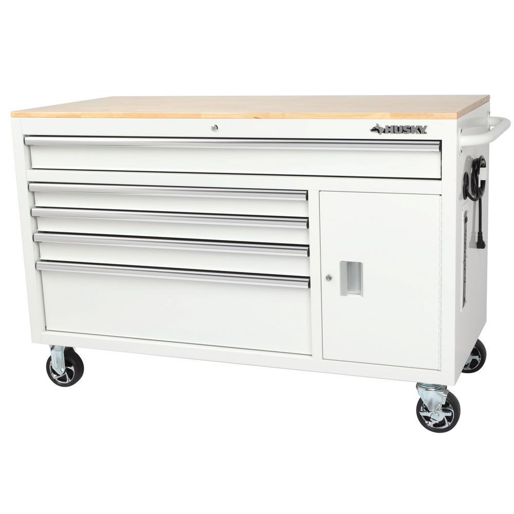 56 in. W x 24.5 in. D 5-Drawer 1-Door Tool Chest Mobile Workbench with Solid Wood Top in Matte Gray