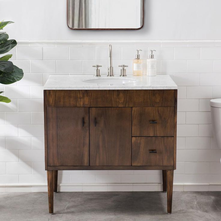 Wyatt 36 in. W x 22.05 in. D x 35.75 in. H Brown Single Sink Bathroom Vanity with White Carrara Marble Vanity Top