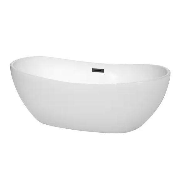 Wyndham Collection Rebecca 65 in. Acrylic Flatbottom Freestanding Soaking Bathtub, White with Matte Black Trim