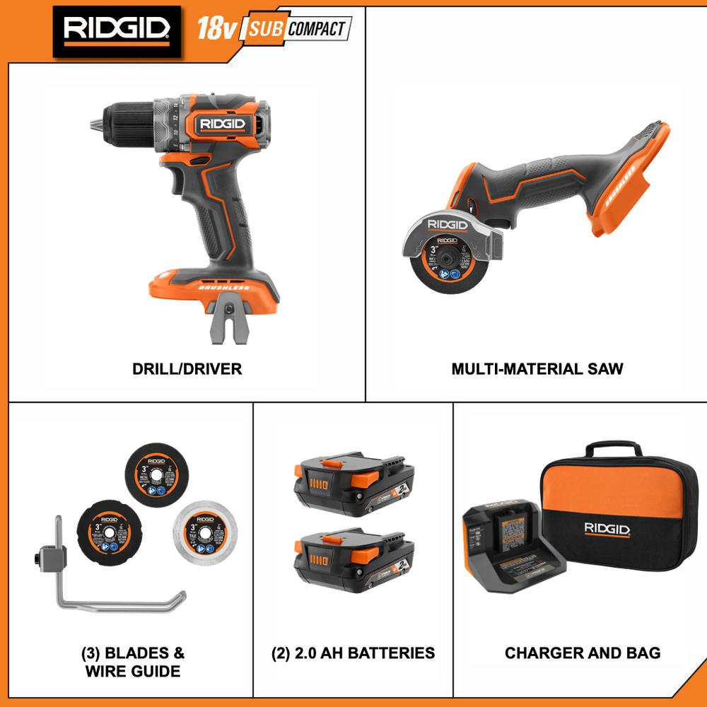 RIDGID 18-Volt SubCompact Brushless Drill/Driver Kit with 3 in. Multi-Material Saw, (2) 2.0 Ah Batteries, Charger and Bag