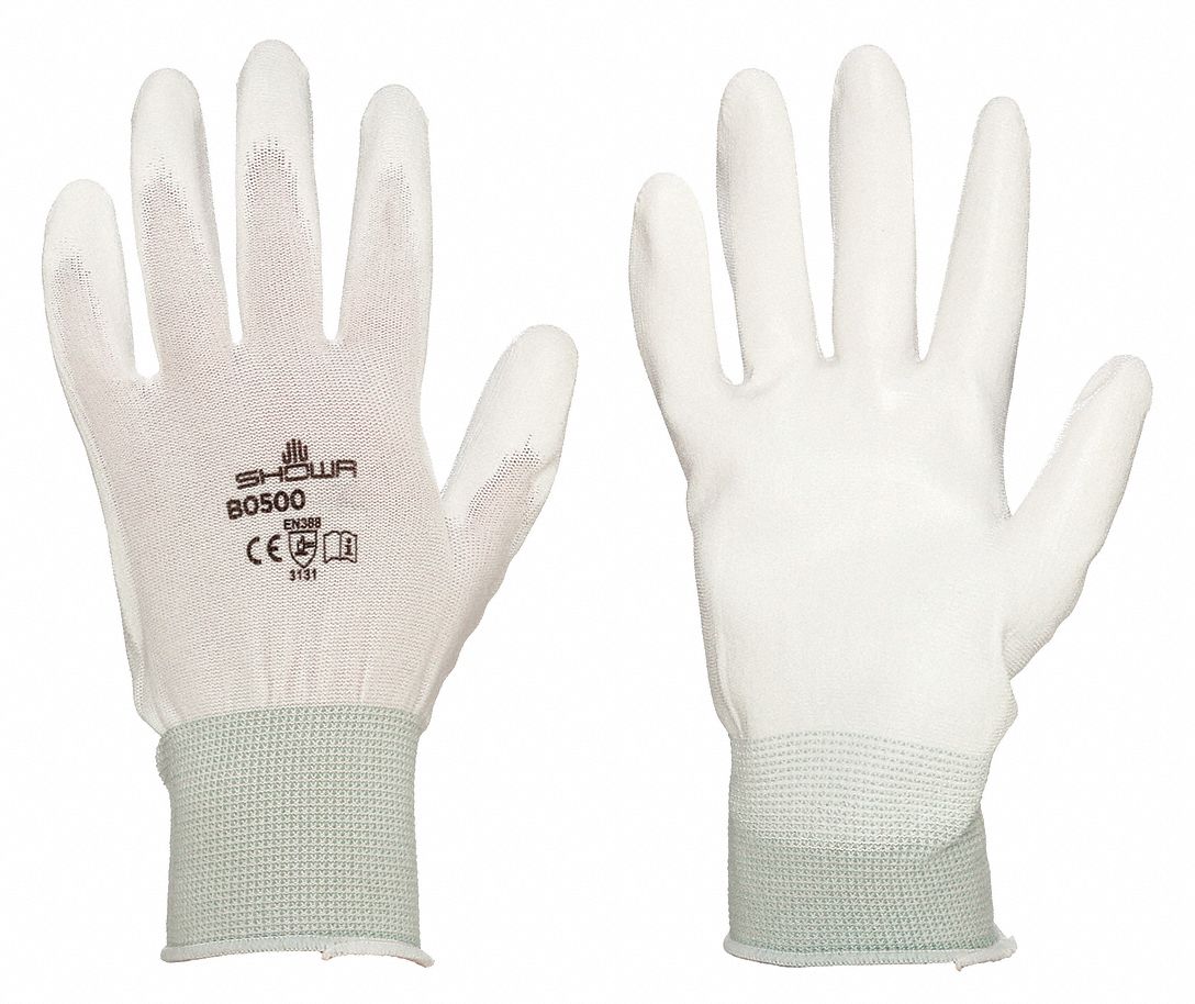 SHOWA BO500W-S Coated Gloves - S, Smooth Polyurethane, ANSI Abrasion Level 3, White