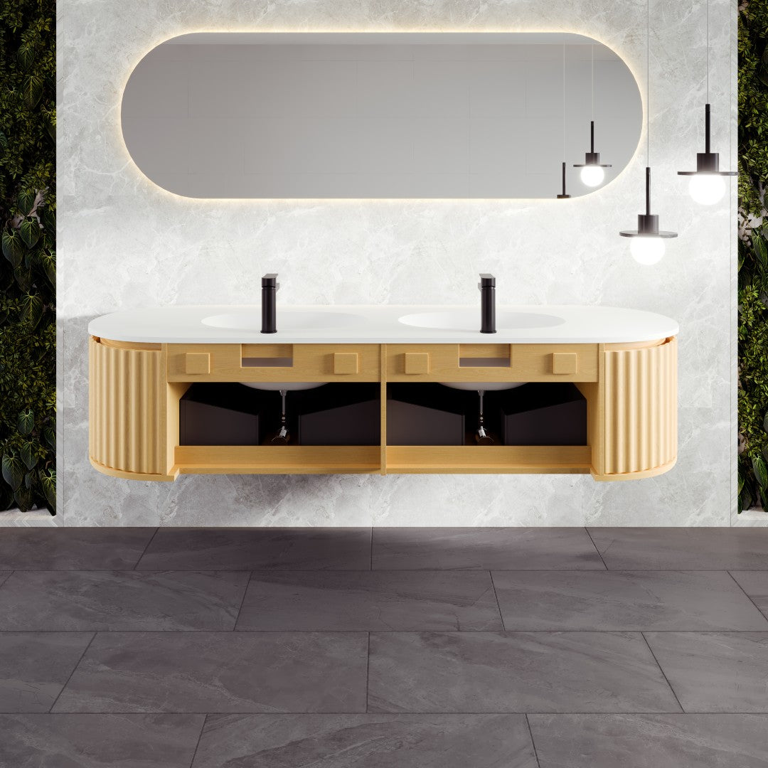Eviva Haven 71"W x 22"D Natural Oak Wall Mount Double Sink Bathroom Vanity with White Solid Surface Countertop and Integrated Sinks
