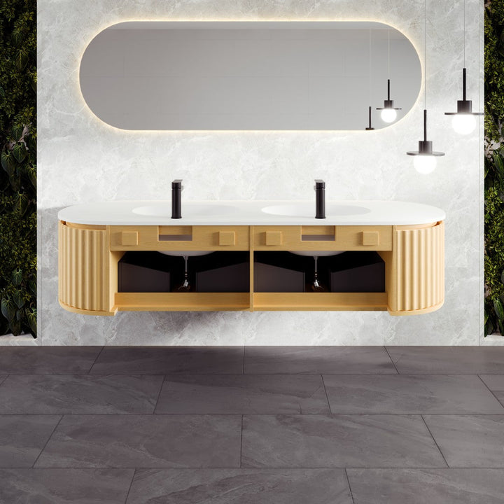 Eviva Haven 71"W x 22"D Natural Oak Wall Mount Double Sink Bathroom Vanity with White Solid Surface Countertop and Integrated Sinks