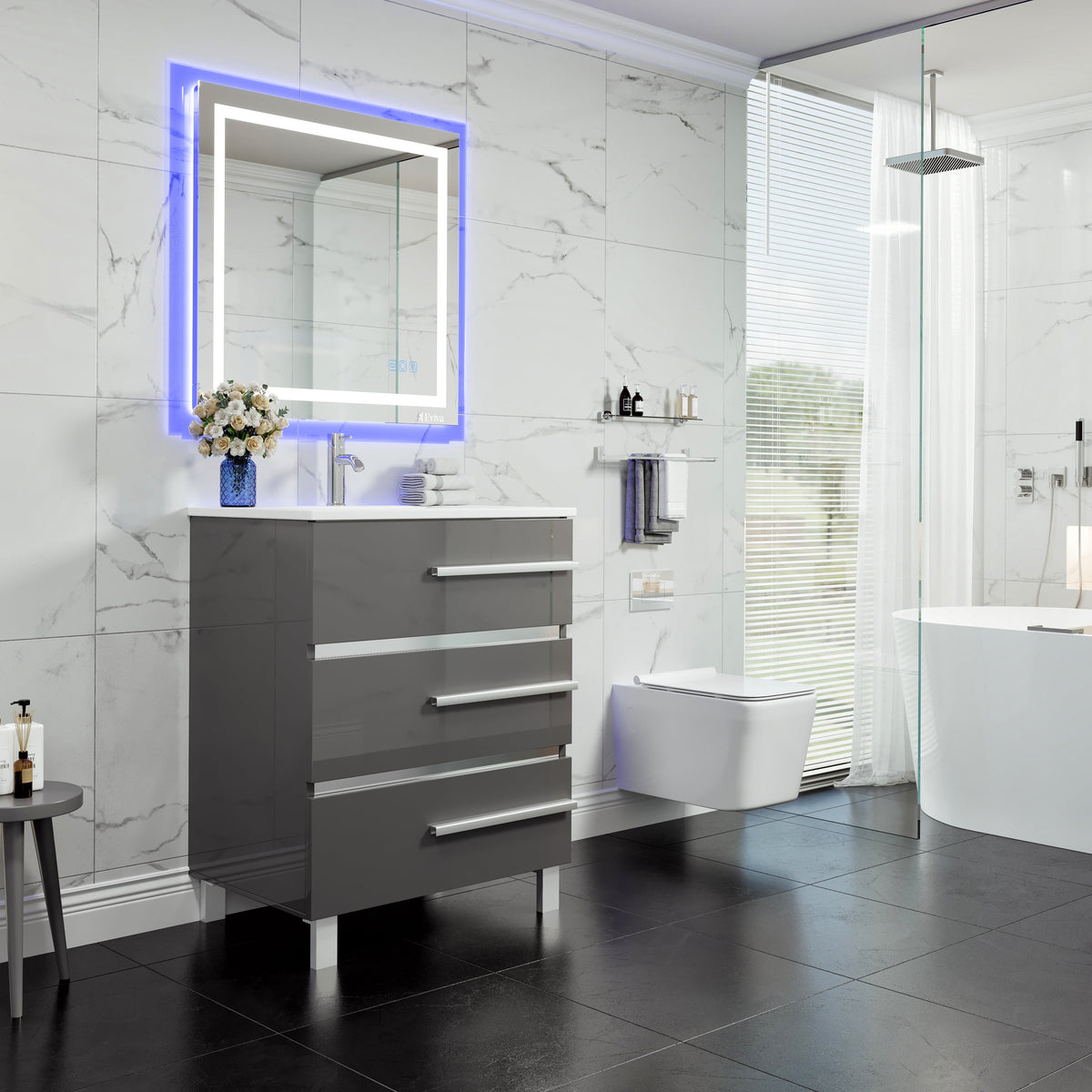 Eviva Deluxe 32 in. W x 18 in. D x 34 in. H Single Freestanding Bath Vanity in Gray with White Porcelain Integrated Sink Top
