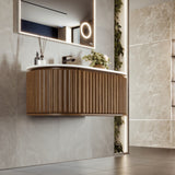 Eviva Haven 39"W x 22"D Medium Oak Wall Mount Bathroom Vanity with White Solid Surface Countertop and Integrated Sink