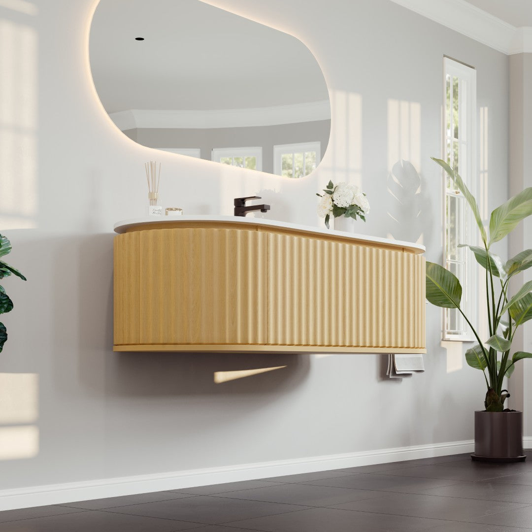 Eviva Haven 55"W x 22"D Natural Oak Wall Mount Bathroom Vanity with White Solid Surface Countertop and Integrated Sink