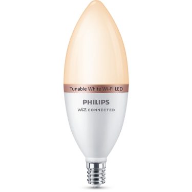 Philips Tunable White B12 LED Candle Bulb, 40W Equivalent, Dimmable Smart Wi‑Fi, WiZ Connected, E12 Base, Frosted