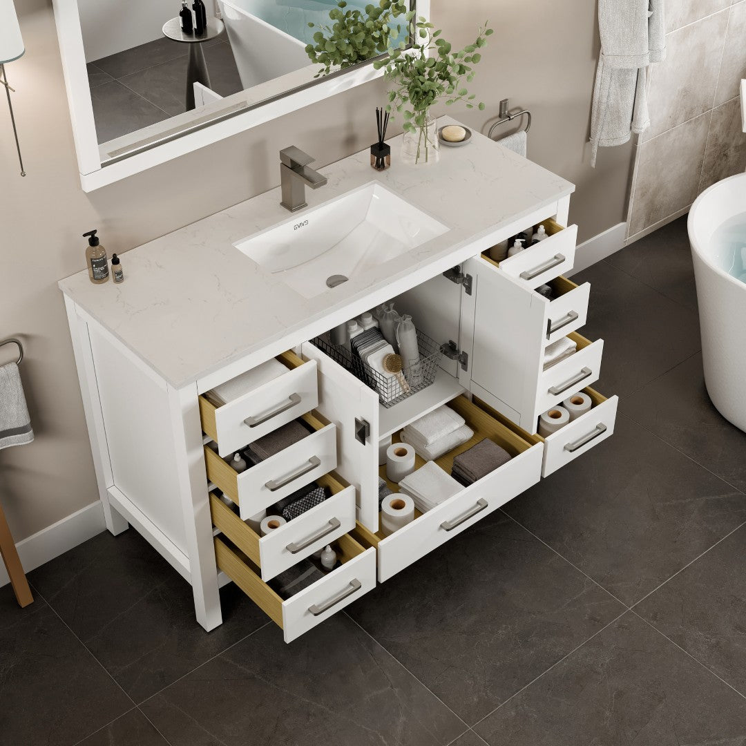 Eviva London 54"W x 18"D White Bathroom Vanity with White Carrara Quartz Countertop and Undermount Porcelain Sink
