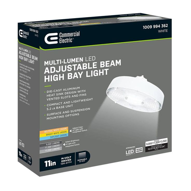 Commercial Electric 11 in.  Adjustable CCT Multiple Lumens 100-Watt Round Integrated LED High Bay Light 120-277V Mounting Options