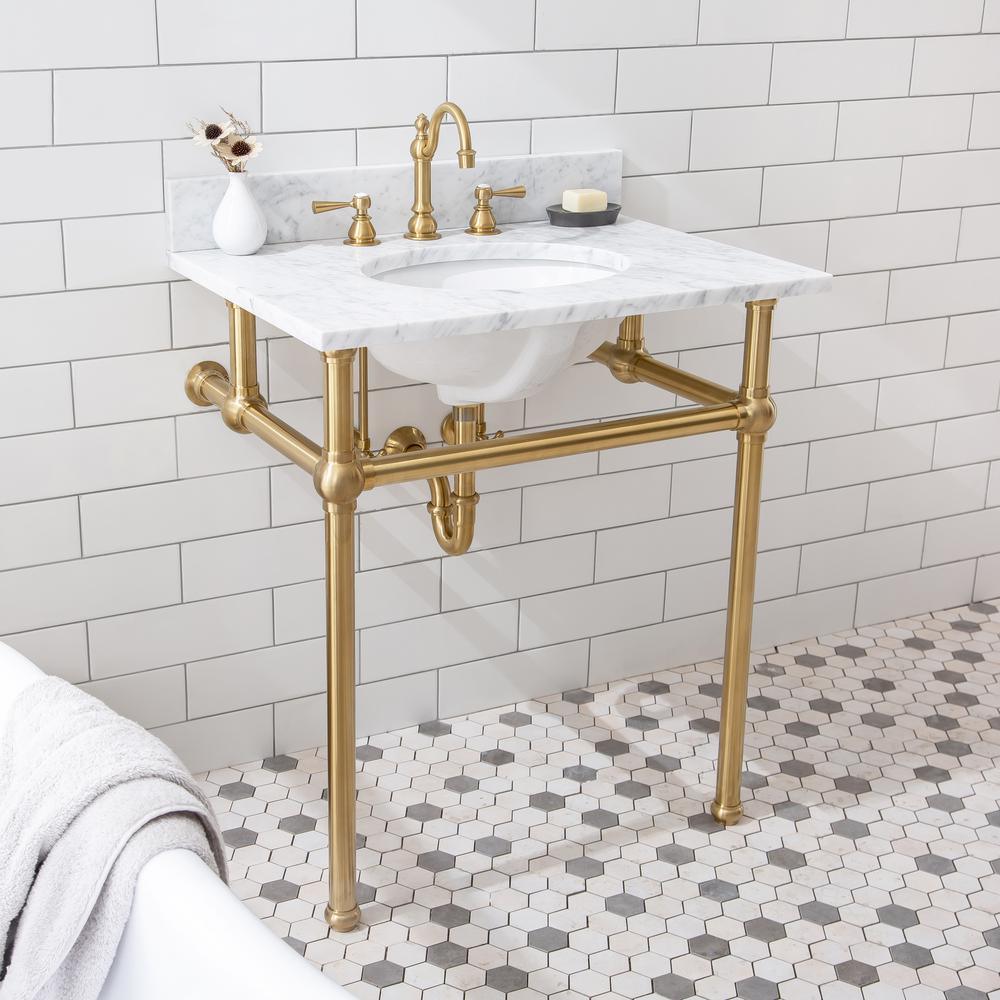 Embassy 30 in. Brass Wash Stand with Satin Brass P-Trap Kit, Faucet, Marble Counter Top, and White Basin - Super Arbor