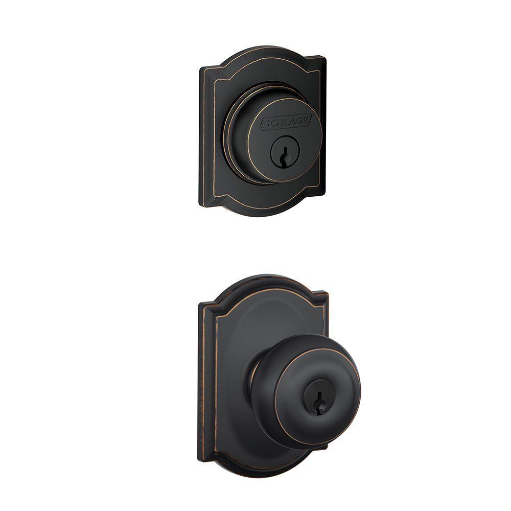 Camelot Aged Bronze Single Cylinder Deadbolt with Georgian Entry Door Knob Combo Pack - Super Arbor