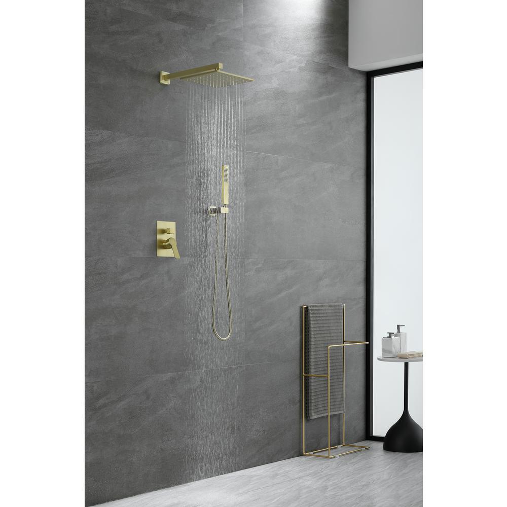 1-Spray Patterns with 2.66 GPM 10 in. Wall Mount Dual Shower Heads with Rough-In Valve Body and Trim in Brushed Gold - Super Arbor