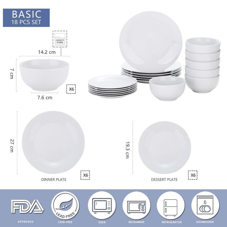 18- Piece Modern White Porcelain Dinnerware Sets (Service for Set for 6)