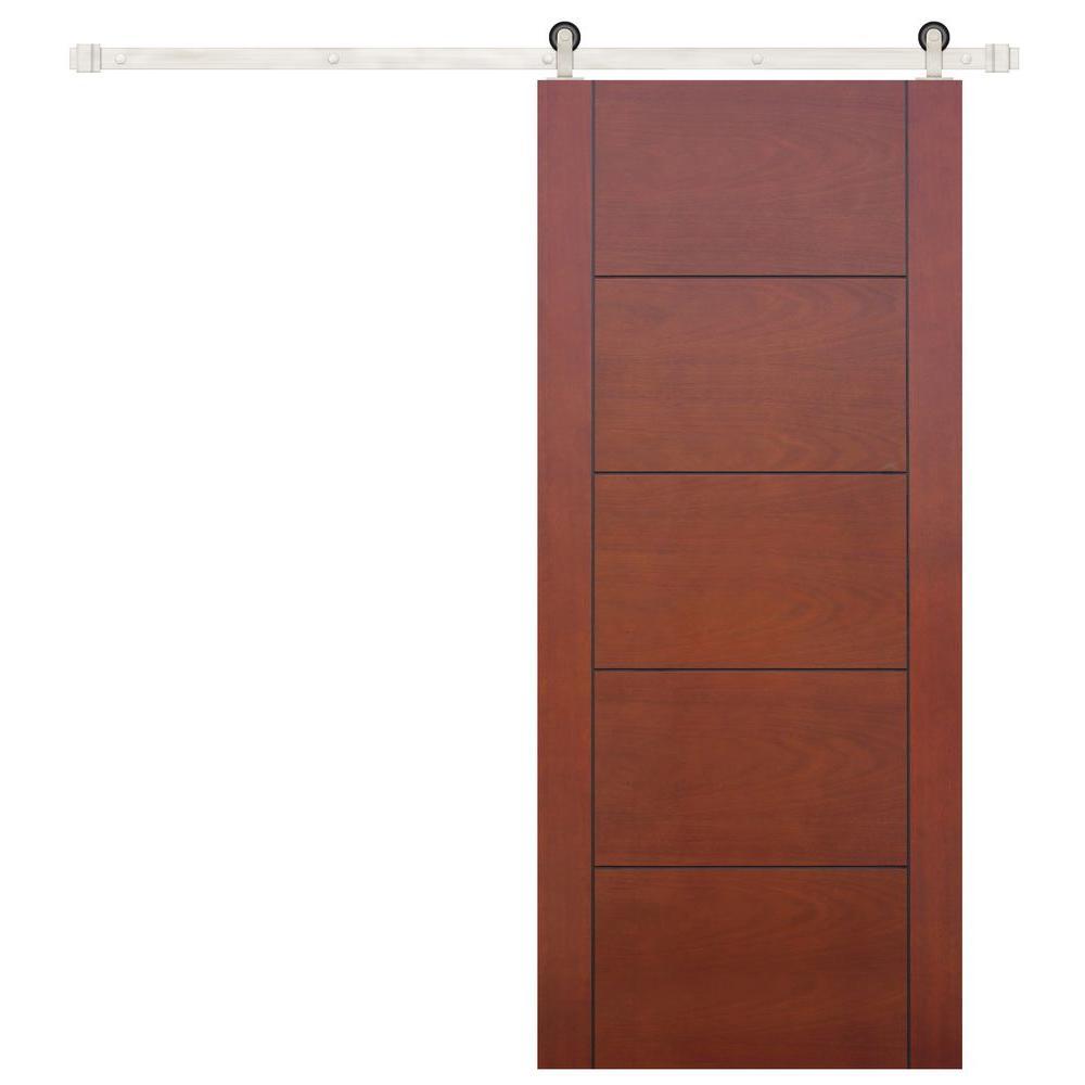 36 in. x 84 in. Contemporary Prefinished 5-Panel Flush Mahogany Wood Sliding Barn Door with Bronze Hardware Kit - Super Arbor