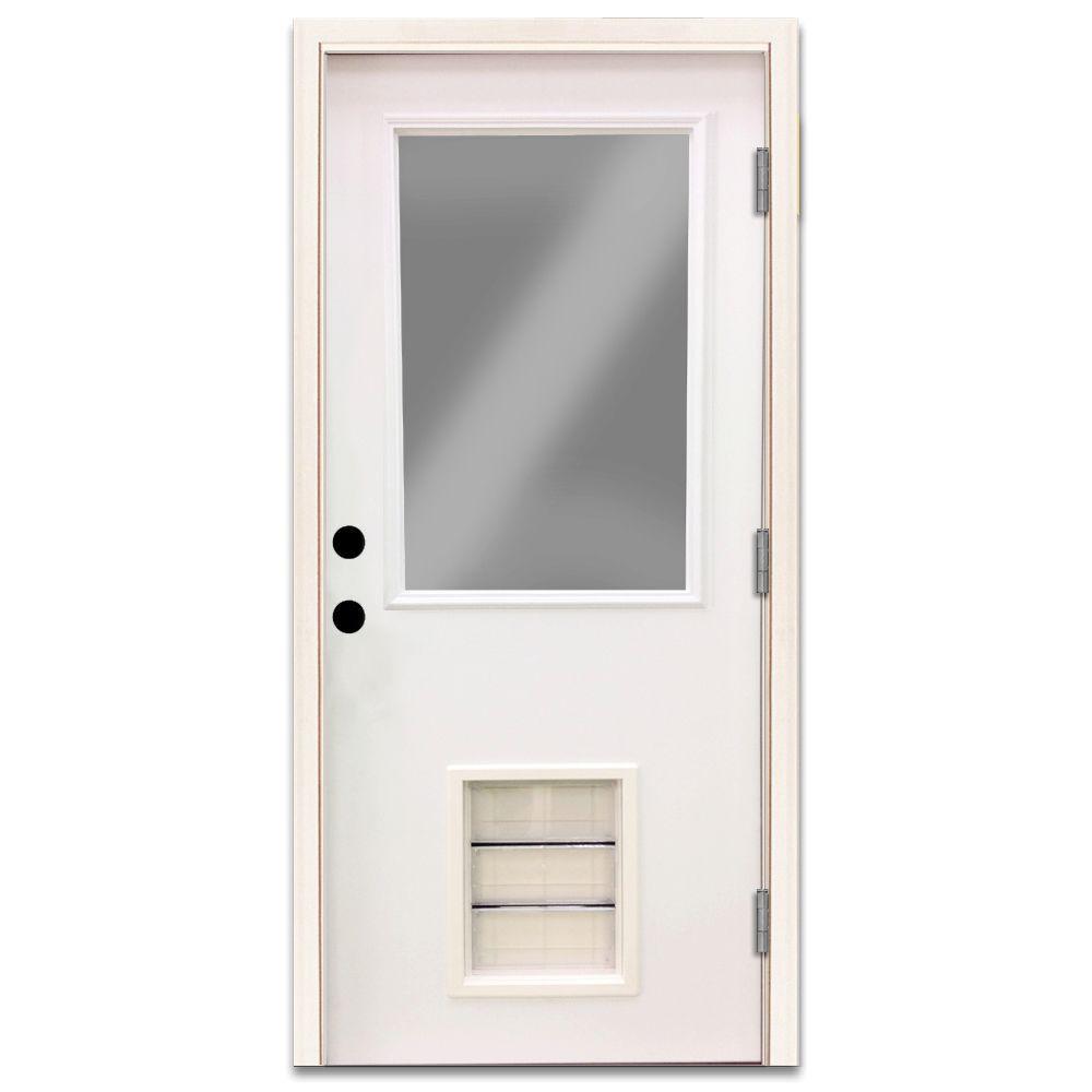 Premium Half Lite Primed White Steel Back Door 32 in. Left Hand Inswing with Extra Large Pet Door - Super Arbor