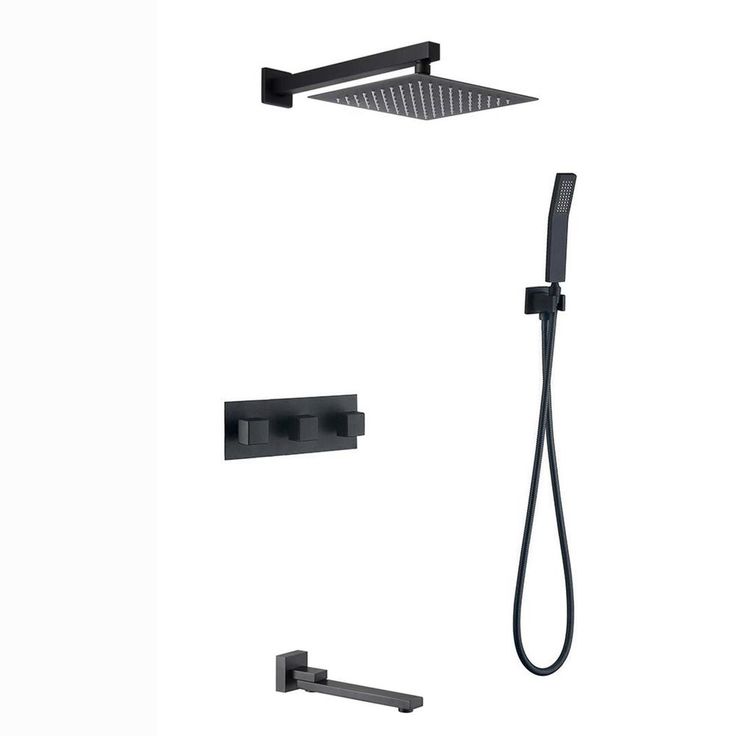 3-Handle 1-Spray Tub and Shower Faucet Ceiling Mounted Rain Shower Fixtures Matte Black with Handheld and Tub Spout