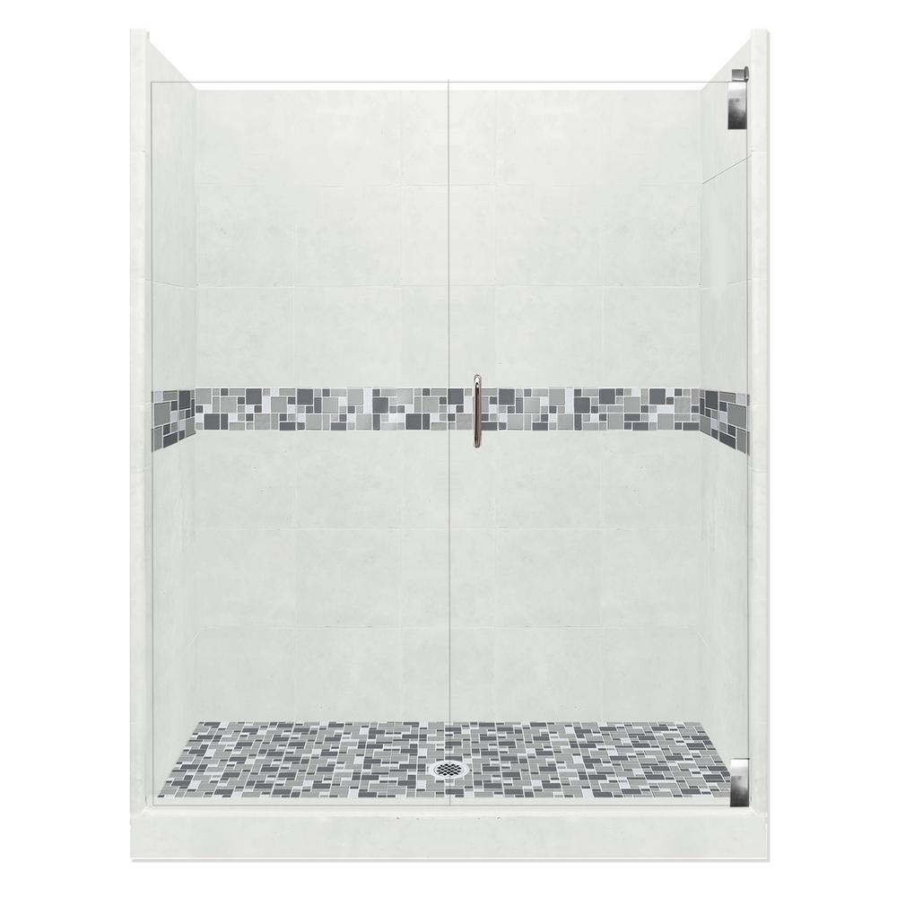 Del Mar Grand Hinged 36 in. x 54 in. x 80 in. Center Drain Alcove Shower Kit in Natural Buff and Satin Nickel Hardware - Super Arbor