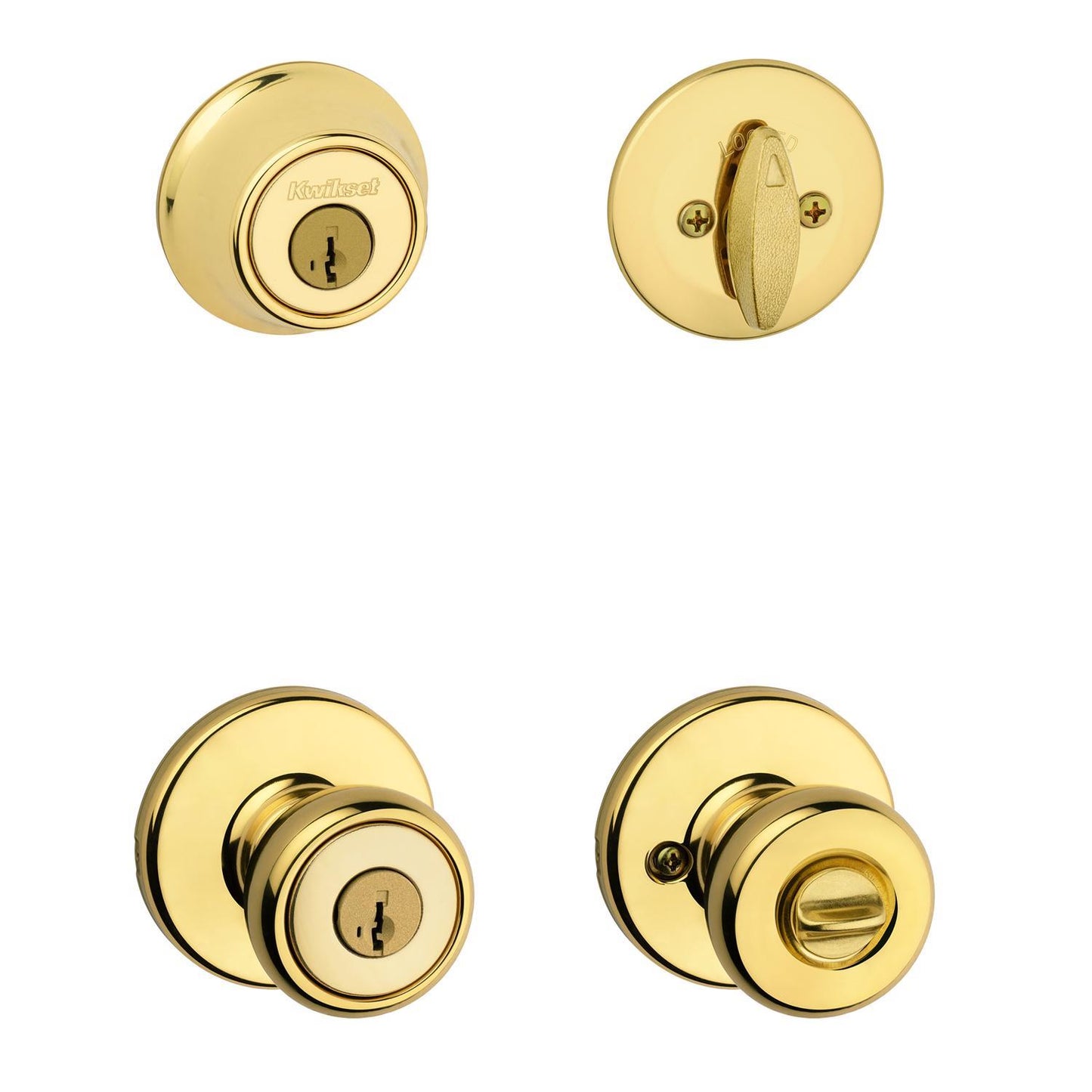 Kwikset Tylo Polished Brass Entry Lock and Double Cylinder Deadbolt, ANSI/BHMA Grade 3, 1-3/4 in.