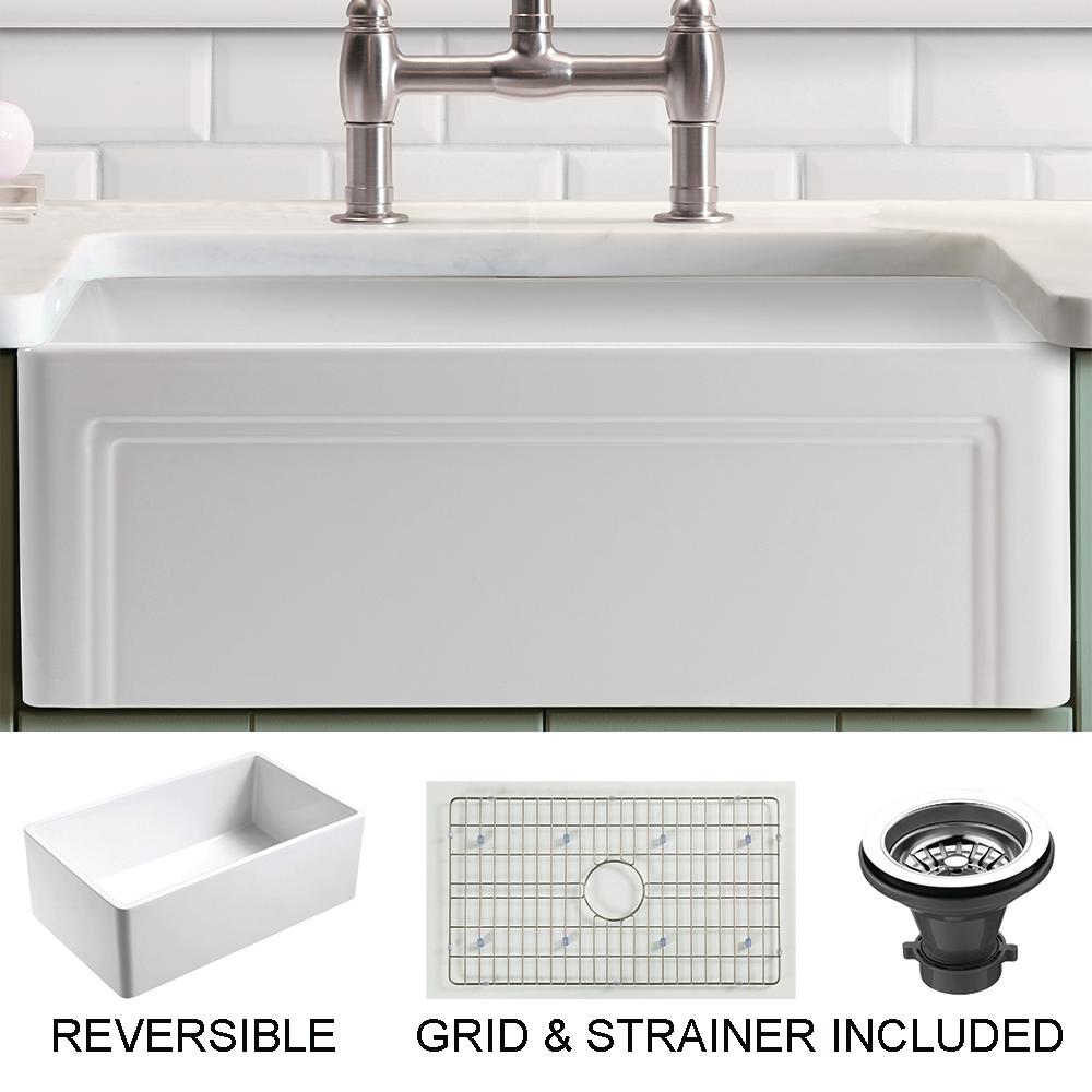 Olde London Farmhouse Fireclay 30 in. Single Bowl Kitchen Sink with Grid with Grid and Strainer