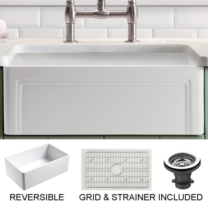 Olde London Farmhouse Fireclay 30 in. Single Bowl Kitchen Sink with Grid with Grid and Strainer