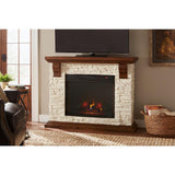 Highland 40 in. Media Console with Faux Stone Electric Fireplace TV Stand in Rustic White - Super Arbor