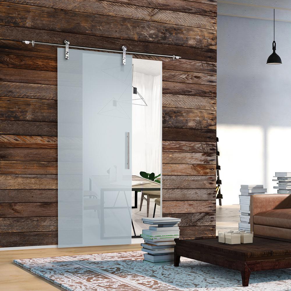 37 in. x 84 in. Glacier Full Frosted Glass Sliding Barn Door with Hardware Kit - Super Arbor