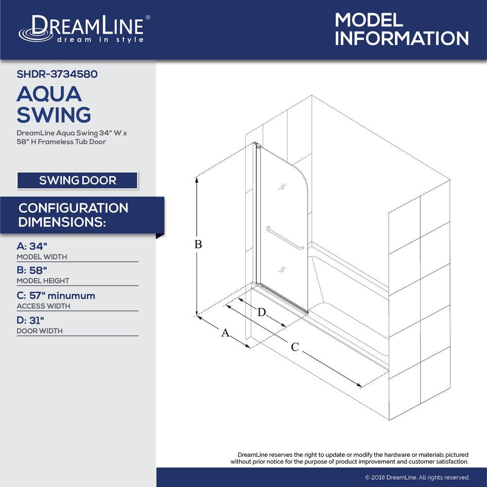 Aqua Swing 34 in. x 58 in. Semi-Frameless Hinged Tub Door in Chrome - Super Arbor