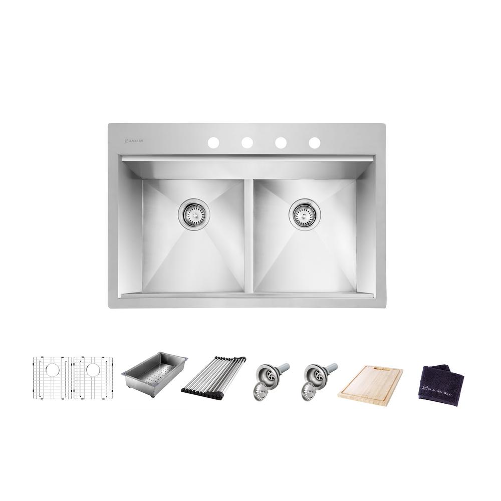 All-in-One Drop-In Stainless Steel 33 in. 4-Hole 50/50 Double Bowl Kitchen Workstation Sink with Accessories - Super Arbor