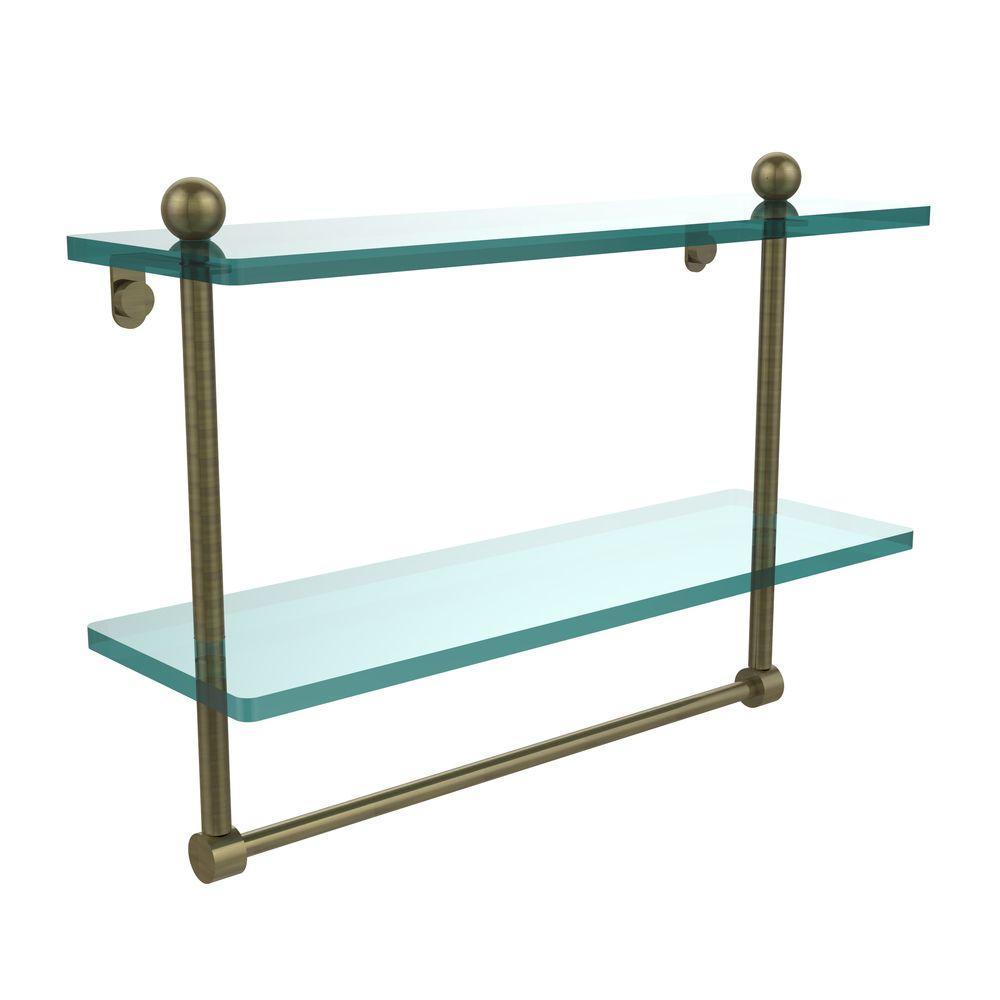 16 in. L  x 12 in. H  x 5 in. W 2-Tier Clear Glass Bathroom Shelf with Towel Bar in Satin Nickel - Super Arbor