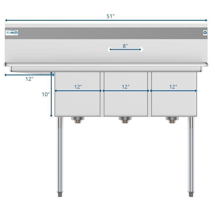 Freestanding Stainless Steel 51 in. 2-Hole Triple Bowl Commercial Kitchen Sink Left Drainboard