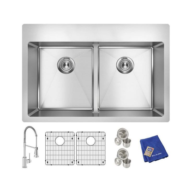 Crosstown Stainless Steel 33 in. Equal Double Bowl Dual Mount Kitchen Sink Kit with Faucet and Aqua Divide