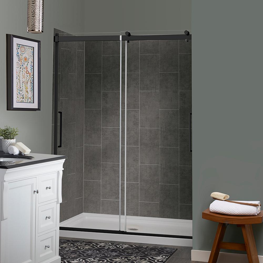 Lagoon Vertical Handle 48 in. L x 34 in. W x 80 in. H Center Drain Alcove Shower Kit in Slate and Matte Black - Super Arbor