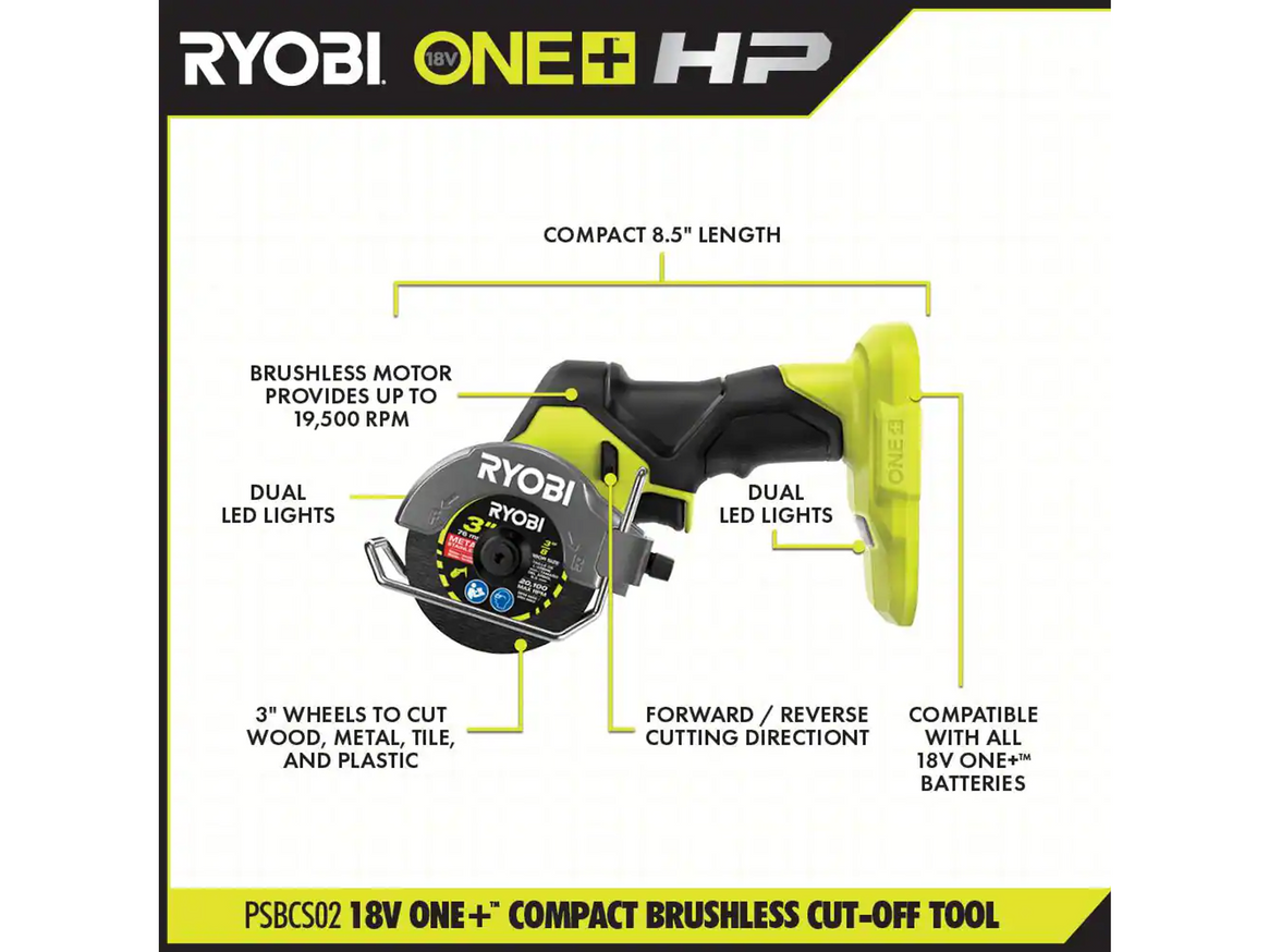 RYOBI ONE+ 18V HP Brushless Cordless 4-Tool Combo Kit with (2) Batteries, Charger, Bag + Free Band Saw