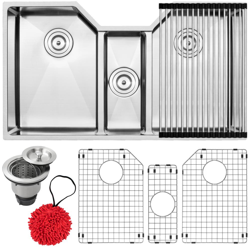 Bradford Undermount 16-Gauge Stainless Steel 35.5 in. Triple Basin Kitchen Sink with Basket Strainer - Super Arbor