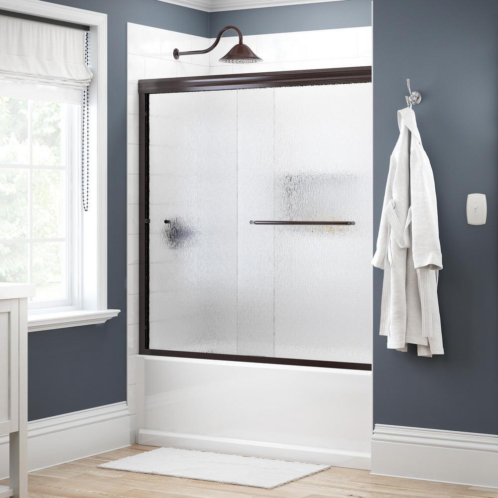 Simplicity 60 in. x 58-1/8 in. Semi-Frameless Traditional Sliding Bathtub Door in Bronze with Droplet Glass - Super Arbor