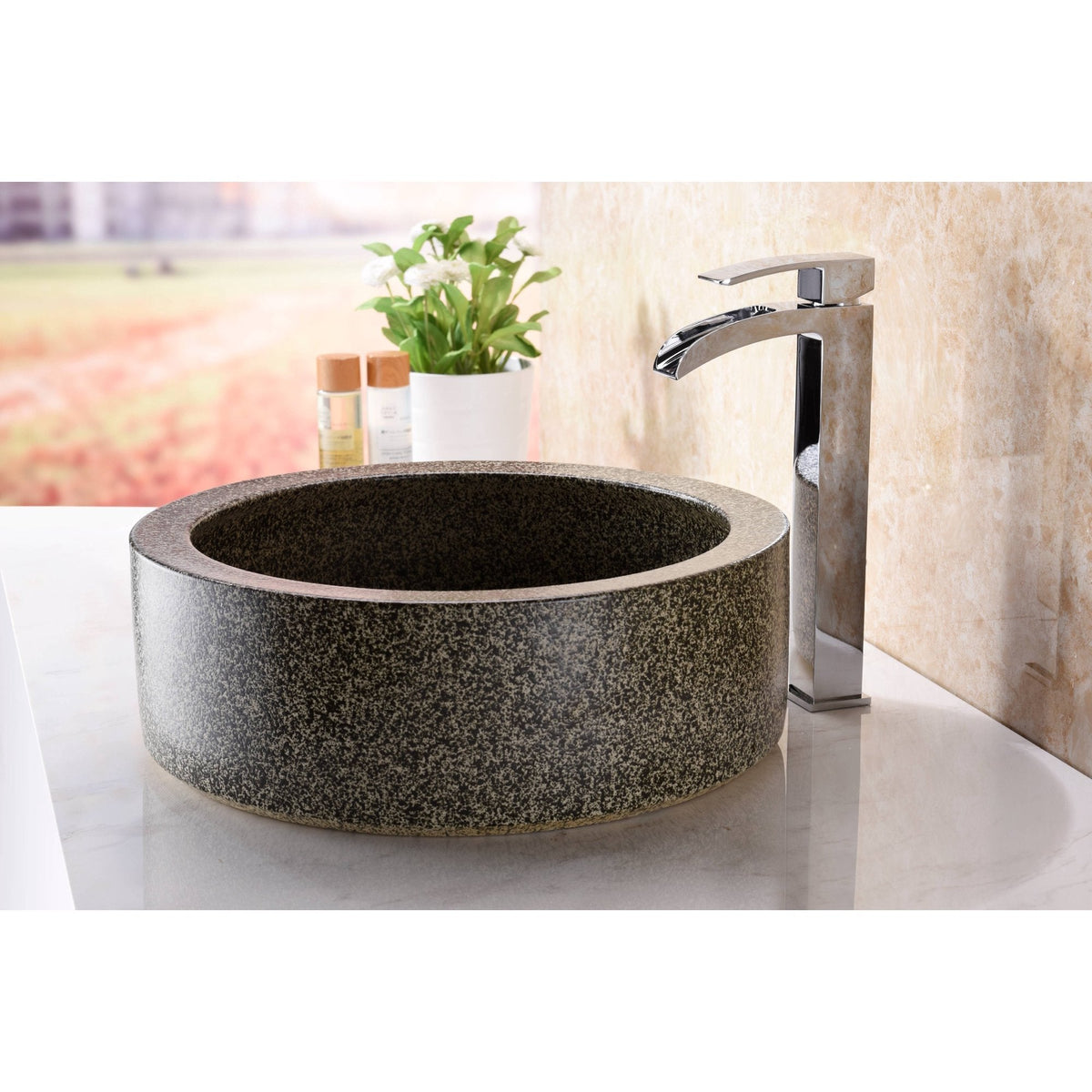 ANZZI Black Iro Round Vessel Sink, Speckled Stone, 16.5 x 5.7 in