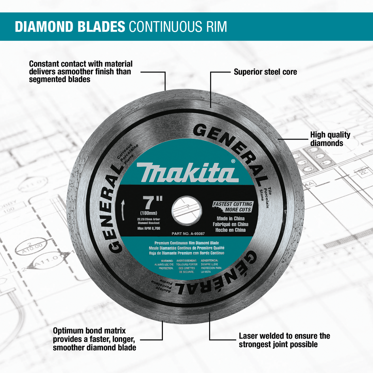 Makita 7 in. Continuous Rim Diamond Blade – General Purpose (A-95087)