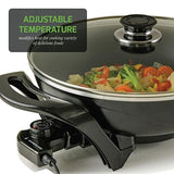 13 In. Black Non-Stick Electric Skillet with Aluminum Body Adjustable Temperature Controller Tempered Glass Cover