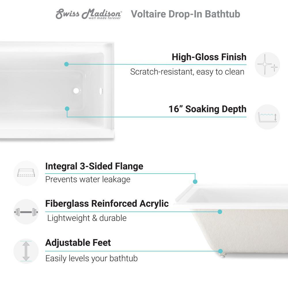 Voltaire 66 x 32 in. Acrylic Left-Hand Drain with Integral Tile Flange Rectangular Drop-in Bathtub in white - Super Arbor