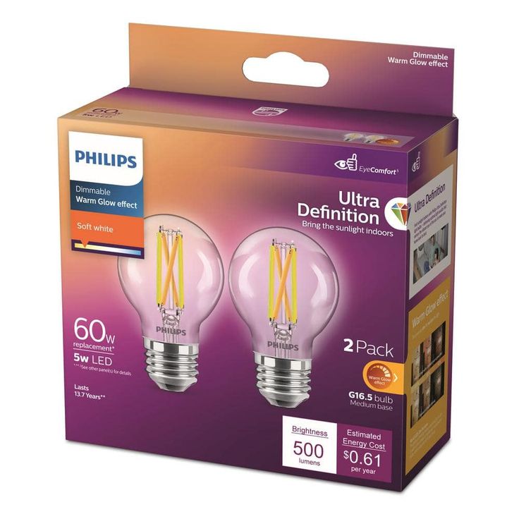 Philips 40-Watt Equivalent G16.5 Dimmable Medium Base LED Light Bulb with Warm Glow Dimming Effect Soft White (2-Pack)