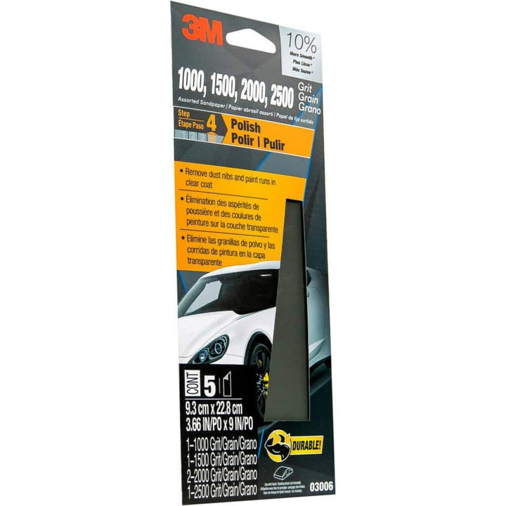 3M Wetordry Sandpaper, 03006, Assorted Fine Grits (1000/1500/2000/2500), 3-2/3 in. x 9 in., 5-Pack