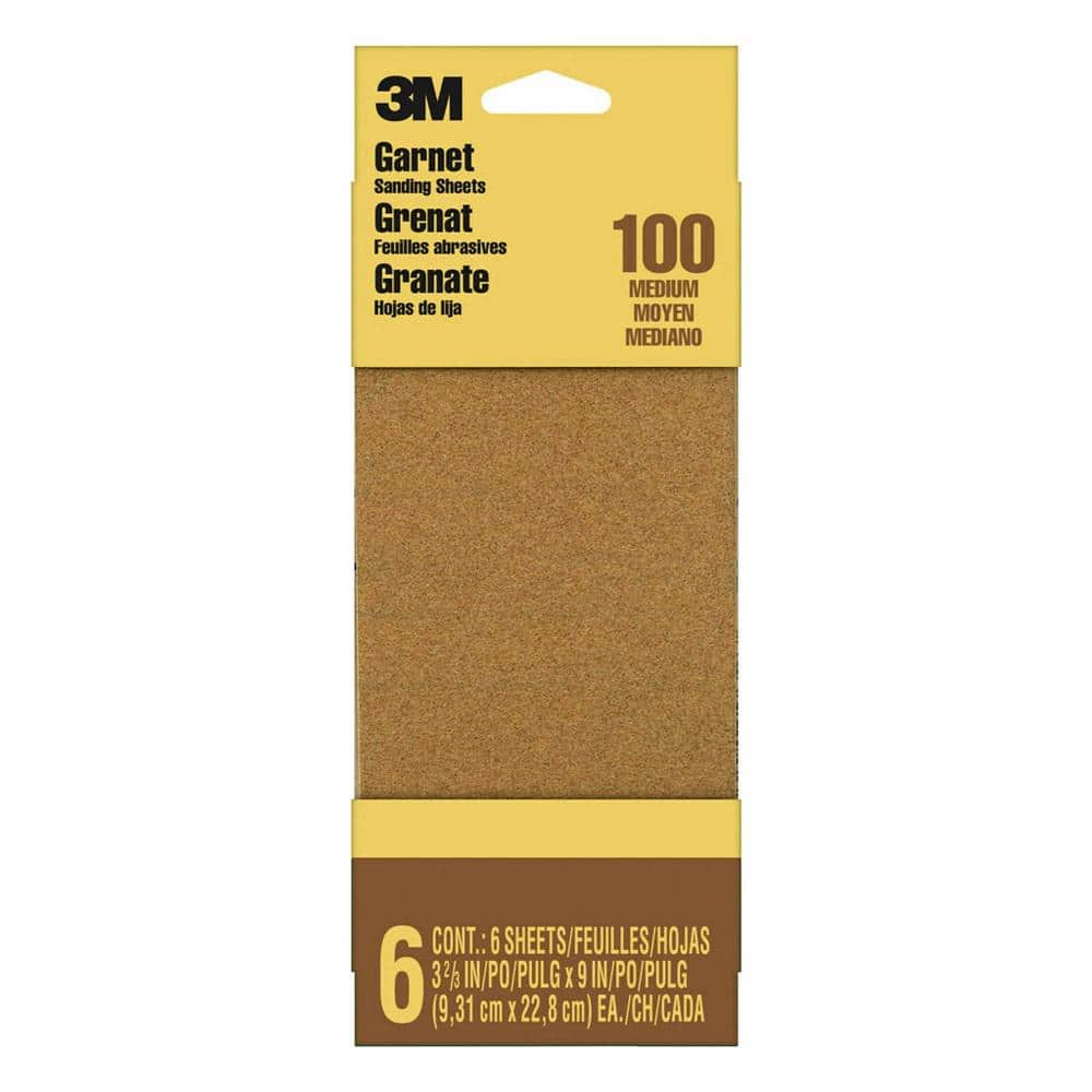 3M Garnet 3.7 in. x 9 in. Medium 100-Grit Sheet Sandpaper (6-Sheets/Pack)