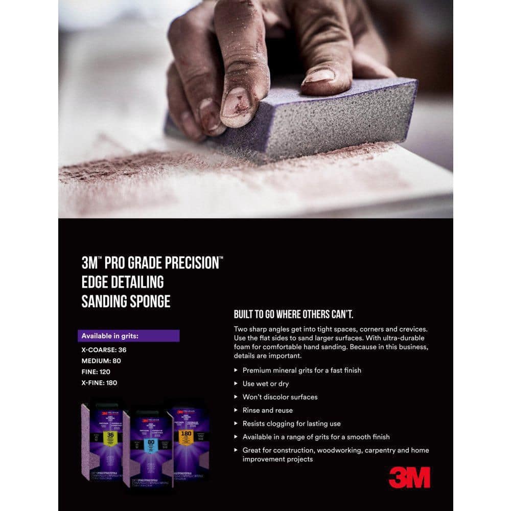3M Pro Grade Precision 2.875 in. x 4.5 in. x 1 in. 220 Grit Edge Detailing Dual Angle Sanding Sponge