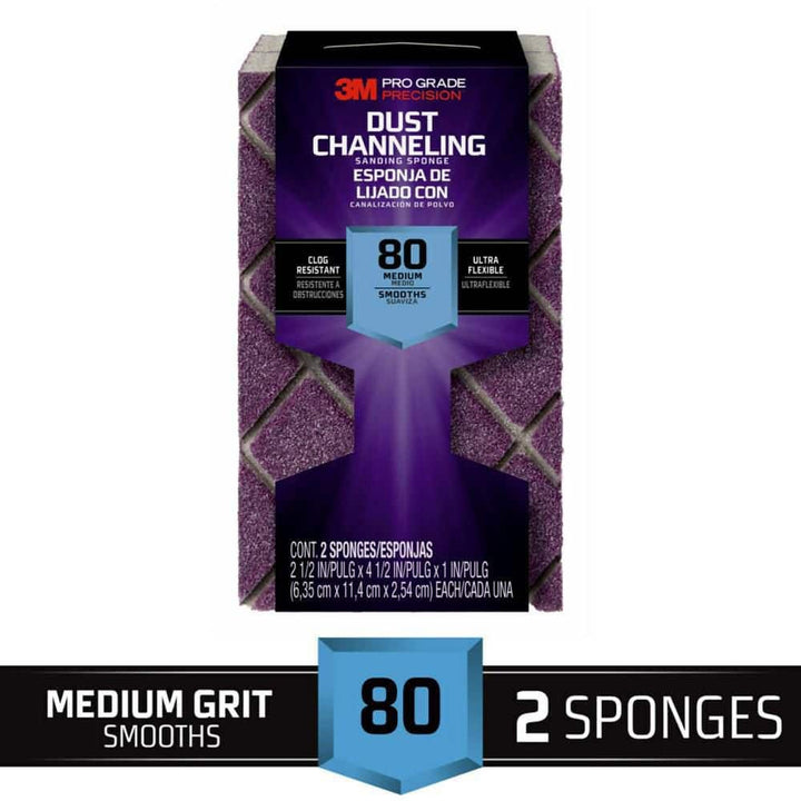 3M Pro Grade Precision 4-1/2 in. x 2-1/2 in. x 1 in. 80-Grit Medium Dust Channeling Sanding Sponge (2-Pack)
