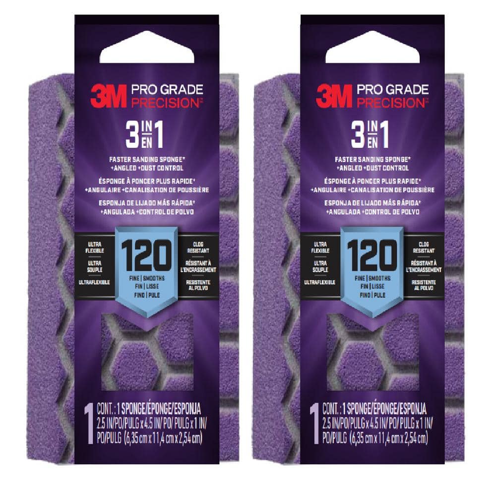 3M Pro Grade Precision 2.5 in x 4.5 in. x 1 in. Medium 120 Grit 3-in-1 Sanding Sponge (2-Pack)